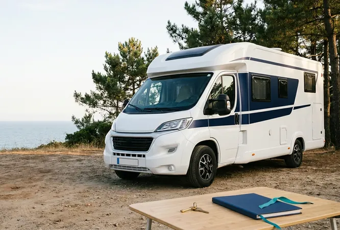 Autocaravana branca com uma faixa azul-escura estacionada junto a pinheiros, com o mar ao fundo. Imagem criada com IA.